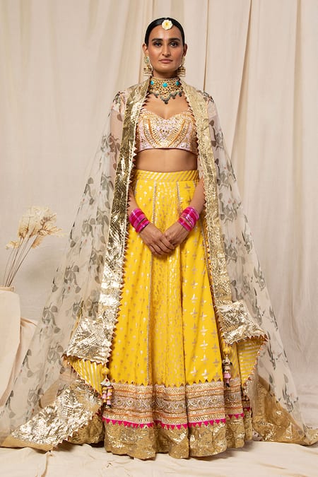 Masaba Yellow Crepe Foil Print Lehenga Set