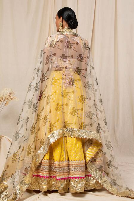 Shop_Masaba_Yellow Crepe Foil Print Lehenga Set_at_Aza_Fashions