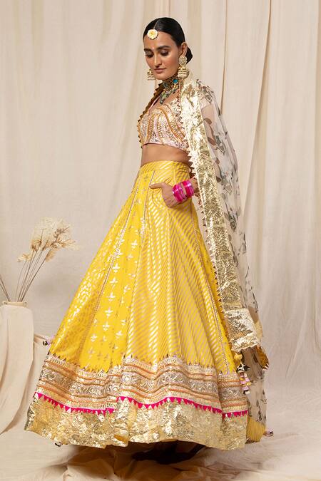 Masaba_Yellow Crepe Foil Print Lehenga Set_Online_at_Aza_Fashions