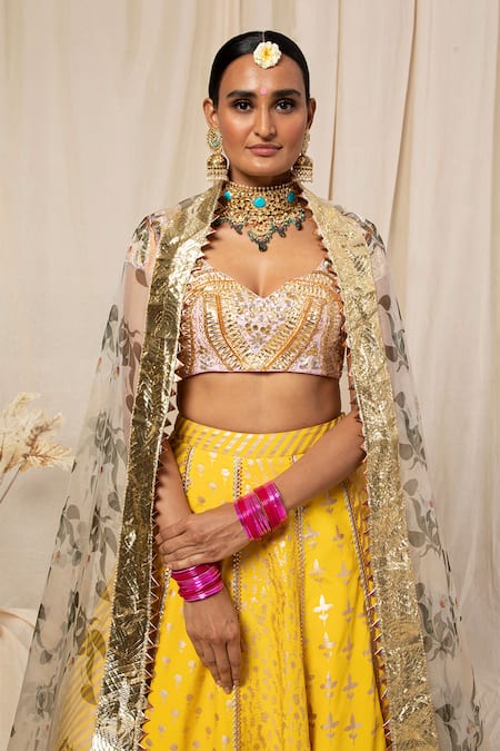 Buy_Masaba_Yellow Crepe Foil Print Lehenga Set_Online_at_Aza_Fashions