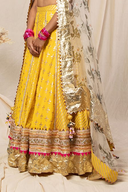 Masaba_Yellow Crepe Foil Print Lehenga Set_at_Aza_Fashions