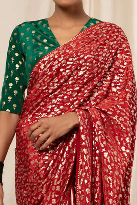 Shop_Masaba_Maroon Crepe Foil Print Saree _Online_at_Aza_Fashions