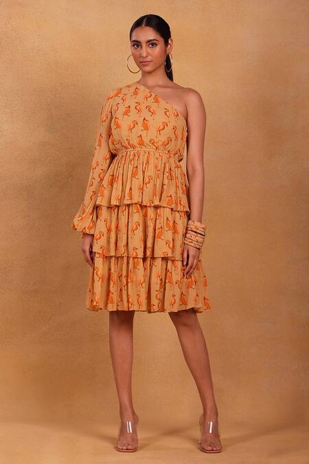 Masaba_Beige Mr Beaks Print One Shoulder Dress _Online_at_Aza_Fashions