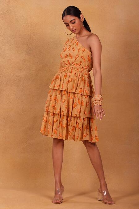Buy_Masaba_Beige Mr Beaks Print One Shoulder Dress _Online_at_Aza_Fashions