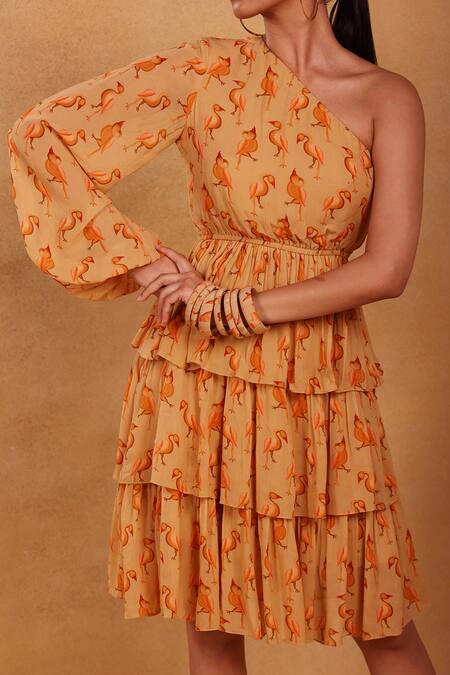Masaba_Beige Mr Beaks Print One Shoulder Dress _at_Aza_Fashions