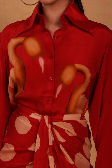 Shop_Masaba_Maroon Crepe Printed Polka Dots Collared Marshmallow Draped Skirt Set _Online_at_Aza_Fashions