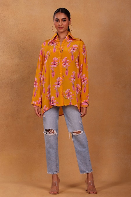 Masaba Yellow Crepe Printed Floral Motifs Collared Neck Cherry Blossom Shirt  