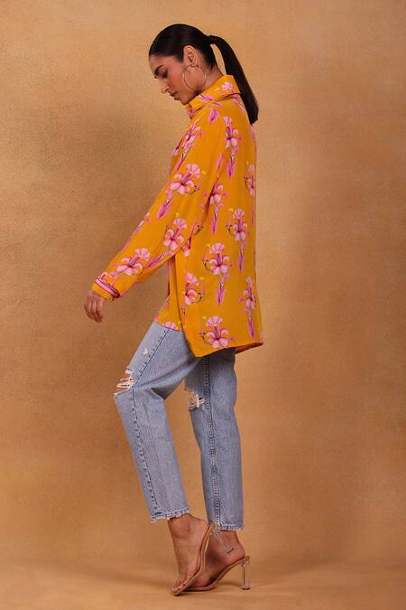 Buy Masaba Yellow Crepe Floral Motifs Collared Neck Cherry Blossom Shirt Online at Aza Fashions Buy_Masaba_Yellow Crepe Floral Motifs Collared Neck Cherry Blossom Shirt_Online_at_Aza_Fashions