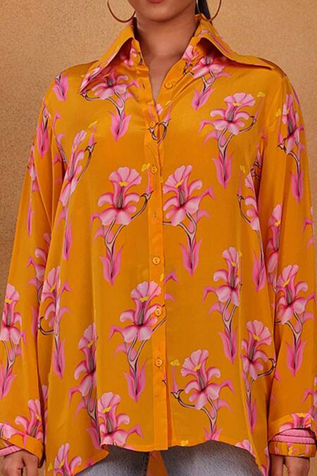 Shop Masaba Yellow Crepe Floral Motifs Collared Neck Cherry Blossom Shirt Online at Aza Fashions Shop_Masaba_Yellow Crepe Floral Motifs Collared Neck Cherry Blossom Shirt_Online_at_Aza_Fashions