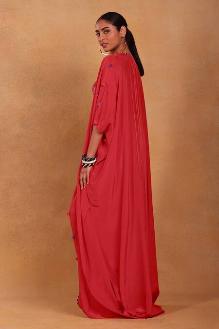 Masaba_Red Tea Party Draped Skirt Set With Cape_Online_at_Aza_Fashions