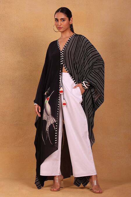 Masaba Black Cotton Mayfly Print Cape And Culotte Set