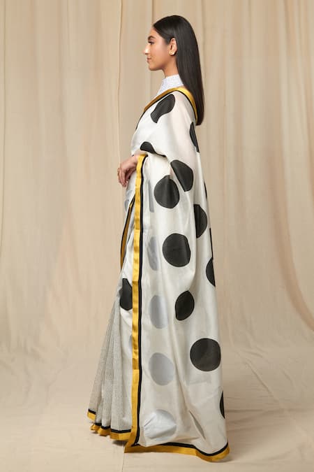 Buy_Masaba_Black Crepe Polka Dot Print Saree With Unstitched Blouse Fabric _Online_at_Aza_Fashions