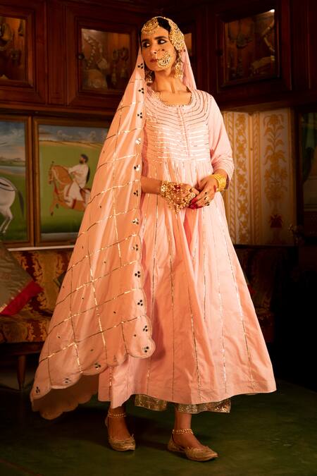 Maison Shefali_Pink Cotton Embroidered Gota Patti Round Work Anarkali Palazzo Set _Online_at_Aza_Fashions