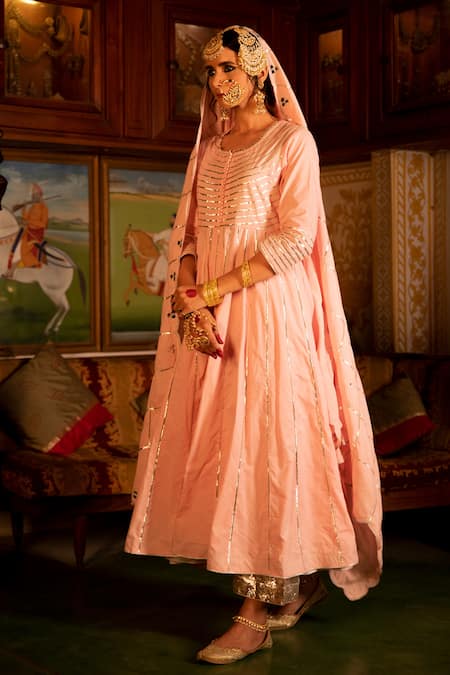 Shop_Maison Shefali_Pink Cotton Embroidered Gota Patti Round Work Anarkali Palazzo Set _Online_at_Aza_Fashions