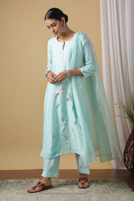 Maison Shefali_Blue Kurta Chanderi Dupatta Woven Doria Pant Cotton Embroidered Set _Online_at_Aza_Fashions