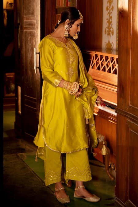 Maison Shefali_Green Cotton, Chanderi Silk Gota Patti Round Work Kurta Palazzo Set _Online_at_Aza_Fashions