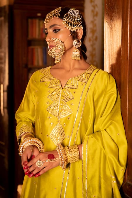 Maison Shefali_Green Cotton, Chanderi Silk Gota Patti Round Work Kurta Palazzo Set _at_Aza_Fashions