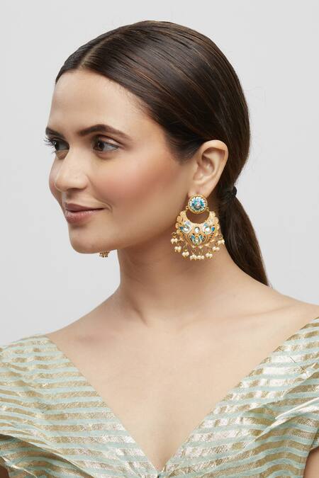 Minaki_Gold Plated Bead Kundan Chandbalis_Online_at_Aza_Fashions