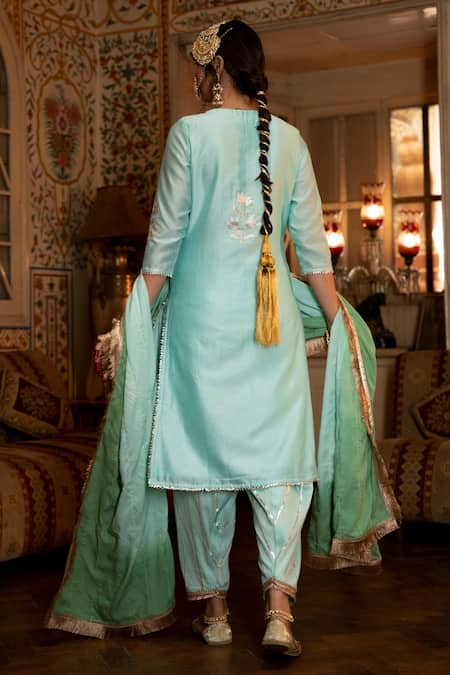 Shop Maison Shefali Blue Chanderi , Cotton , Muslin Gota Patti, Pittan Work Kurta Set at Aza Fashions Shop_Maison Shefali_Blue Chanderi , Cotton , Muslin Gota Patti, Pittan Work Kurta Set _at_Aza_Fashions