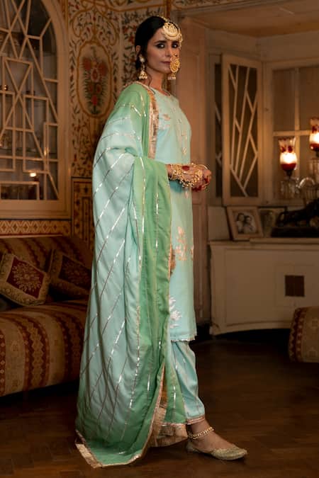 Maison Shefali Blue Chanderi , Cotton , Muslin Gota Patti, Pittan Work Kurta Set Online at Aza Fashions Maison Shefali_Blue Chanderi , Cotton , Muslin Gota Patti, Pittan Work Kurta Set _Online_at_Aza_Fashions