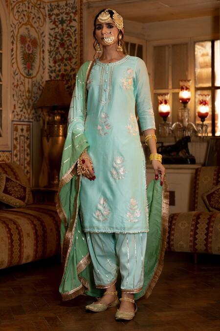 Buy Maison Shefali Blue Chanderi , Cotton , Muslin Gota Patti, Pittan Work Kurta Set Online at Aza Fashions Buy_Maison Shefali_Blue Chanderi , Cotton , Muslin Gota Patti, Pittan Work Kurta Set _Online_at_Aza_Fashions