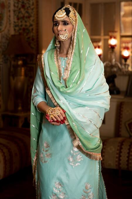 Shop Maison Shefali Blue Chanderi , Cotton , Muslin Gota Patti, Pittan Work Kurta Set Online at Aza Fashions Shop_Maison Shefali_Blue Chanderi , Cotton , Muslin Gota Patti, Pittan Work Kurta Set _Online_at_Aza_Fashions