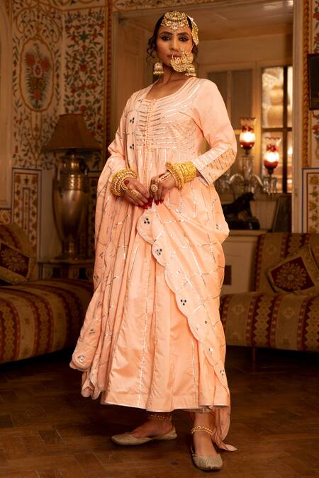 Maison Shefali_Peach Cotton Embroidered Gota Patti Round Work Anarkali Palazzo Set _Online_at_Aza_Fashions