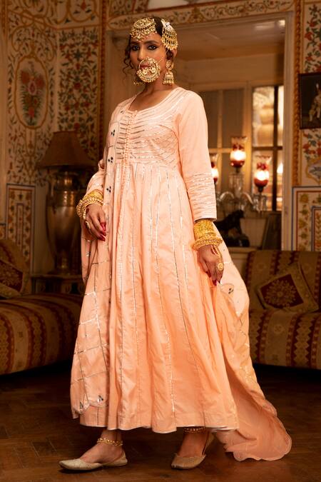Buy_Maison Shefali_Peach Cotton Embroidered Gota Patti Round Work Anarkali Palazzo Set _Online_at_Aza_Fashions