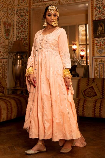 Shop_Maison Shefali_Peach Cotton Embroidered Gota Patti Round Work Anarkali Palazzo Set _Online_at_Aza_Fashions