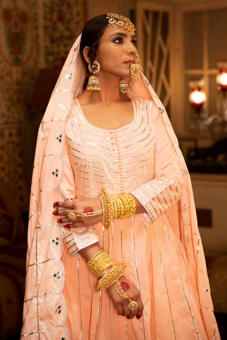 Maison Shefali_Peach Cotton Embroidered Gota Patti Round Work Anarkali Palazzo Set _at_Aza_Fashions