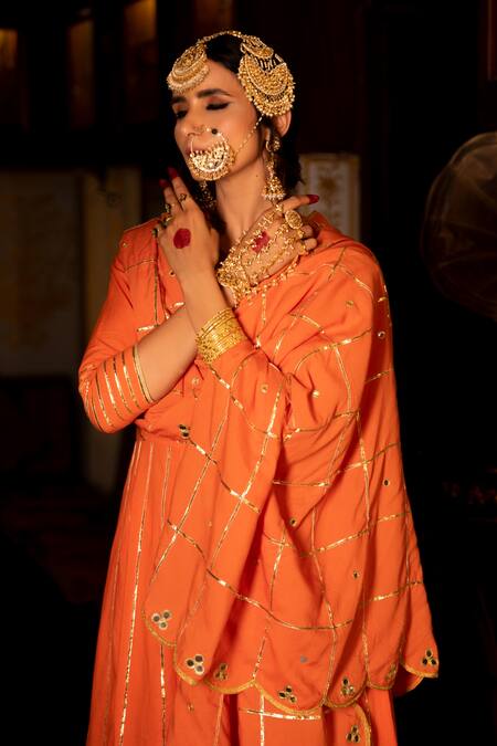 Shop_Maison Shefali_Orange Cotton Gota Patti, Mirror , Zari Round Anarkali Palazzo Set _Online_at_Aza_Fashions