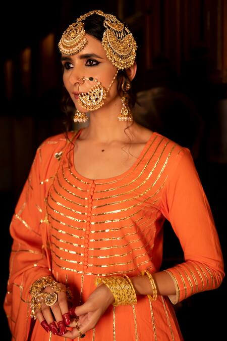 Maison Shefali_Orange Cotton Gota Patti, Mirror , Zari Round Anarkali Palazzo Set _at_Aza_Fashions