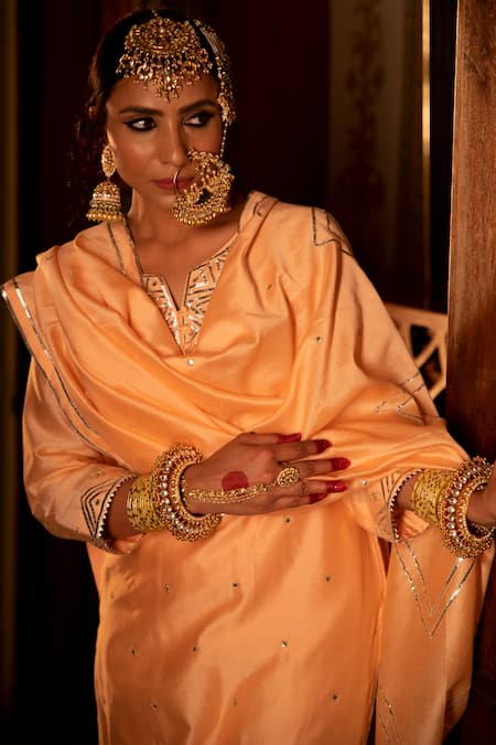 Shop_Maison Shefali_Pink Chanderi , Cotton , Muslin Gota Patti, Pittan Work Kurta Set _Online_at_Aza_Fashions