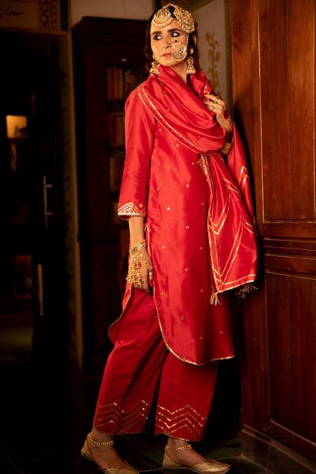 Maison Shefali_Red Chanderi , Cotton , Muslin Gota Patti, Pittan Work Kurta Set _Online_at_Aza_Fashions