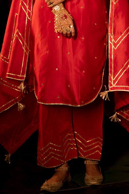 Maison Shefali_Red Chanderi , Cotton , Muslin Gota Patti, Pittan Work Kurta Set _at_Aza_Fashions