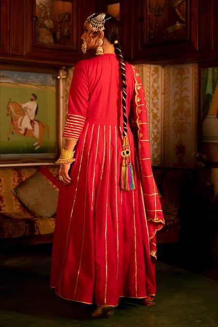 Shop Maison Shefali Red Cotton Gota Patti, Mirror , Zari Round Anarkali Palazzo Set at Aza Fashions Shop_Maison Shefali_Red Cotton Gota Patti, Mirror , Zari Round Anarkali Palazzo Set _at_Aza_Fashions