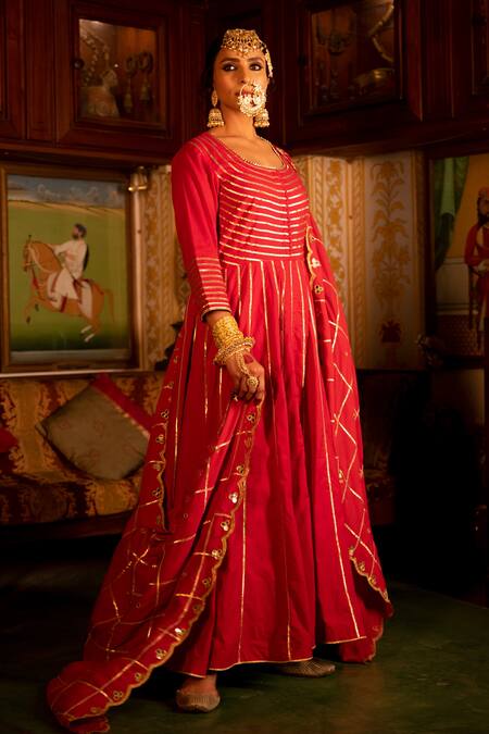 Maison Shefali Red Cotton Gota Patti, Mirror , Zari Round Anarkali Palazzo Set Online at Aza Fashions Maison Shefali_Red Cotton Gota Patti, Mirror , Zari Round Anarkali Palazzo Set _Online_at_Aza_Fashions
