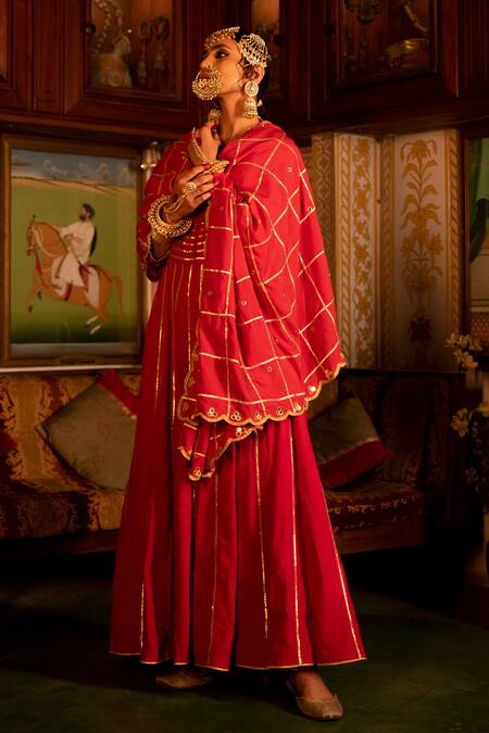 Shop Maison Shefali Red Cotton Gota Patti, Mirror , Zari Round Anarkali Palazzo Set Online at Aza Fashions Shop_Maison Shefali_Red Cotton Gota Patti, Mirror , Zari Round Anarkali Palazzo Set _Online_at_Aza_Fashions