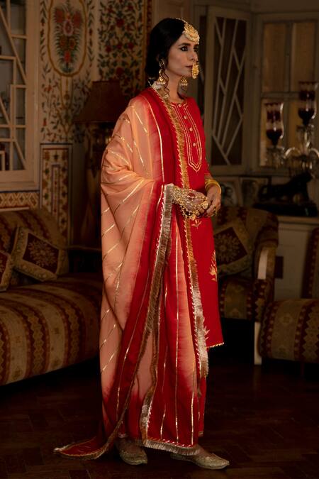 Maison Shefali_Red Chanderi , Cotton , Muslin Gota Patti, Pittan Work Kurta Set _Online_at_Aza_Fashions