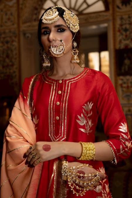 Shop_Maison Shefali_Red Chanderi , Cotton , Muslin Gota Patti, Pittan Work Kurta Set _Online_at_Aza_Fashions
