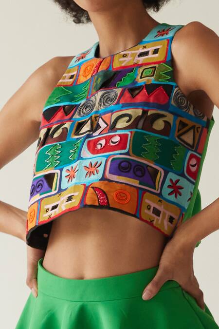 MINI SONDHI_Green Crepe Aari And Bead Work Round Brick Embroidered Crop Top & Skirt Set_at_Aza_Fashions