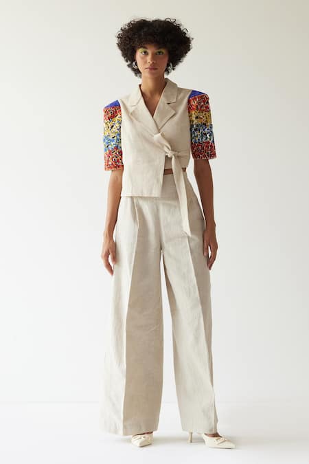 Mini Sondhi Beige By (raw Linen) Aari Overlap Upcycled Tie-up Jacket And Trouser Set