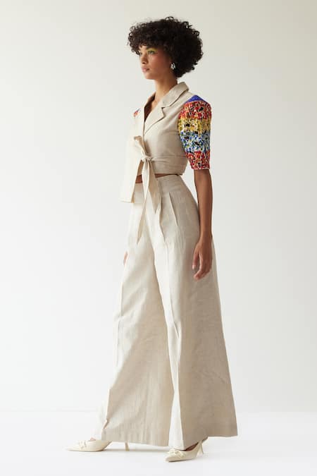 Mini Sondhi_Beige By (raw Linen) Aari Overlap Upcycled Tie-up Jacket And Trouser Set_Online_at_Aza_Fashions