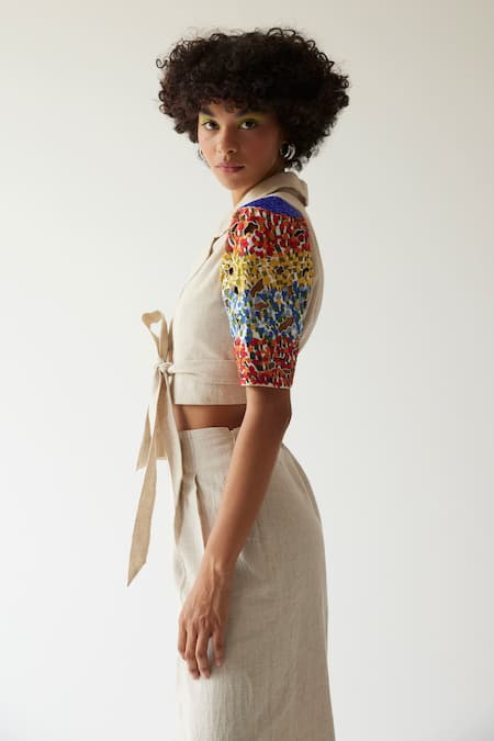 Buy_Mini Sondhi_Beige By (raw Linen) Aari Overlap Upcycled Tie-up Jacket And Trouser Set_Online_at_Aza_Fashions