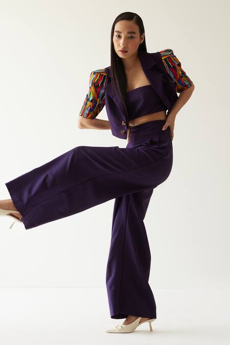 Mini Sondhi Purple Crepe Aari And Bead Work Notched Structured Sleeve Jacket & Trouser Set Online at Aza Fashions Mini Sondhi_Purple Crepe Aari And Bead Work Notched Structured Sleeve Jacket & Trouser Set _Online_at_Aza_Fashions
