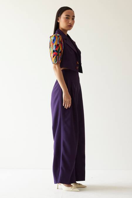 Buy Mini Sondhi Purple Crepe Aari And Bead Work Notched Structured Sleeve Jacket & Trouser Set Online at Aza Fashions Buy_Mini Sondhi_Purple Crepe Aari And Bead Work Notched Structured Sleeve Jacket & Trouser Set _Online_at_Aza_Fashions