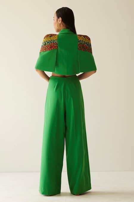 Shop Mini Sondhi Green Crepe Upcycled Applique Work With Aari Cape Sleeve Jacket And Trouser Set at Aza Fashions Shop_Mini Sondhi_Green Crepe Upcycled Applique Work With Aari Cape Sleeve Jacket And Trouser Set _at_Aza_Fashions