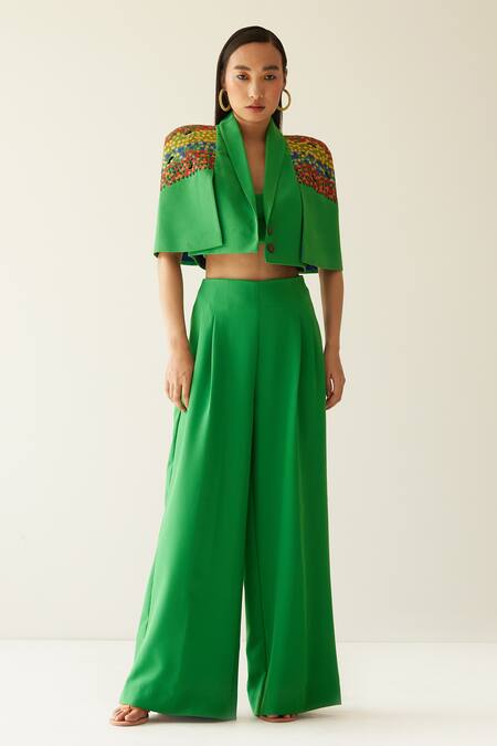 Shop Mini Sondhi Green Crepe Upcycled Applique Work With Aari Cape Sleeve Jacket And Trouser Set Online at Aza Fashions Shop_Mini Sondhi_Green Crepe Upcycled Applique Work With Aari Cape Sleeve Jacket And Trouser Set _Online_at_Aza_Fashions