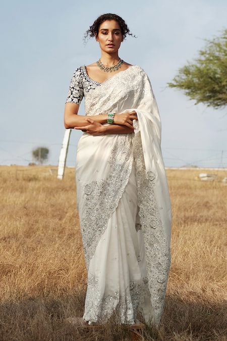 Mishru_White Blouse Chanderi, Saree Silk Mirror And Thread, Sequin Leaf Esme With_Online_at_Aza_Fashions