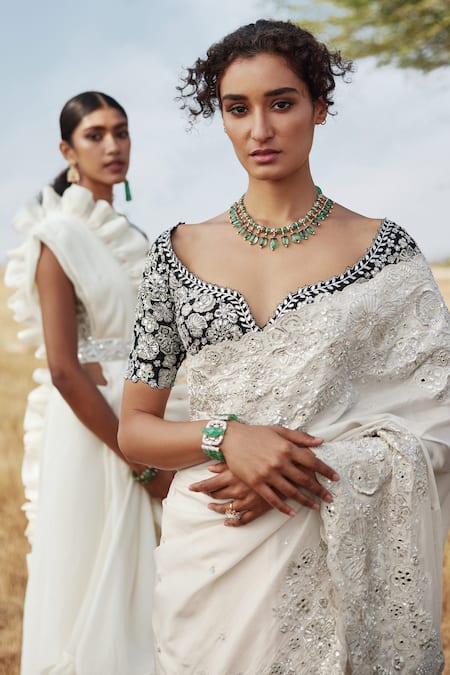 Buy White Sarees, Black Blouses with Gold Earrings Scrapbook Look by priya
